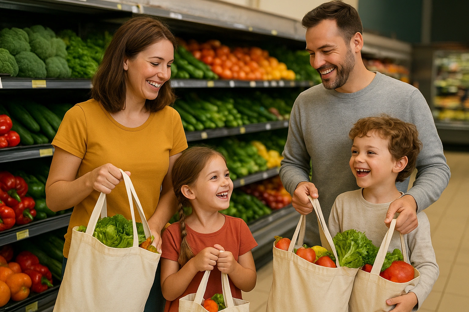 A family with young children happily shopping in the produce aisle with reusable bags, an example of affordable waste reduction tips in action.