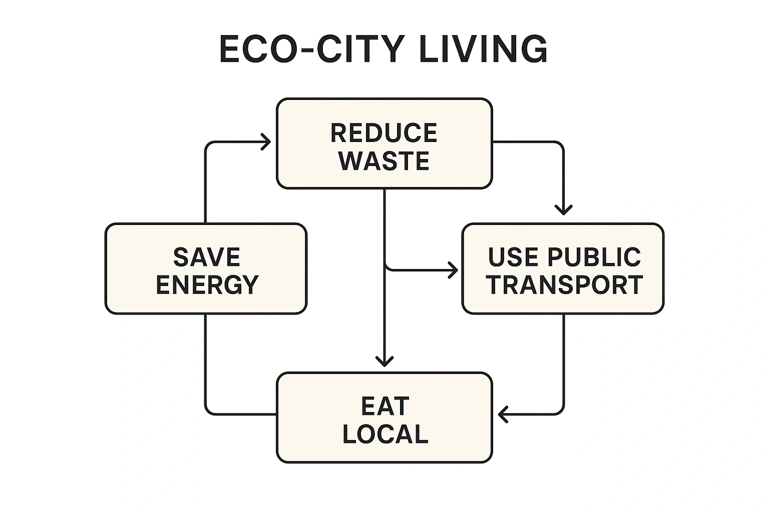A flowchart of the five key urban sustainability tips, showing how they interconnect to create an eco city living lifestyle.