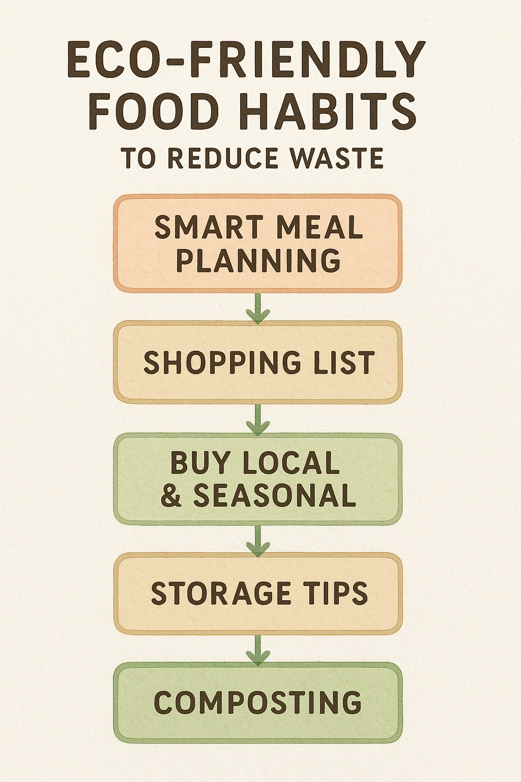 A flowchart outlining eco-friendly food habits to reduce waste, starting from smart meal planning.