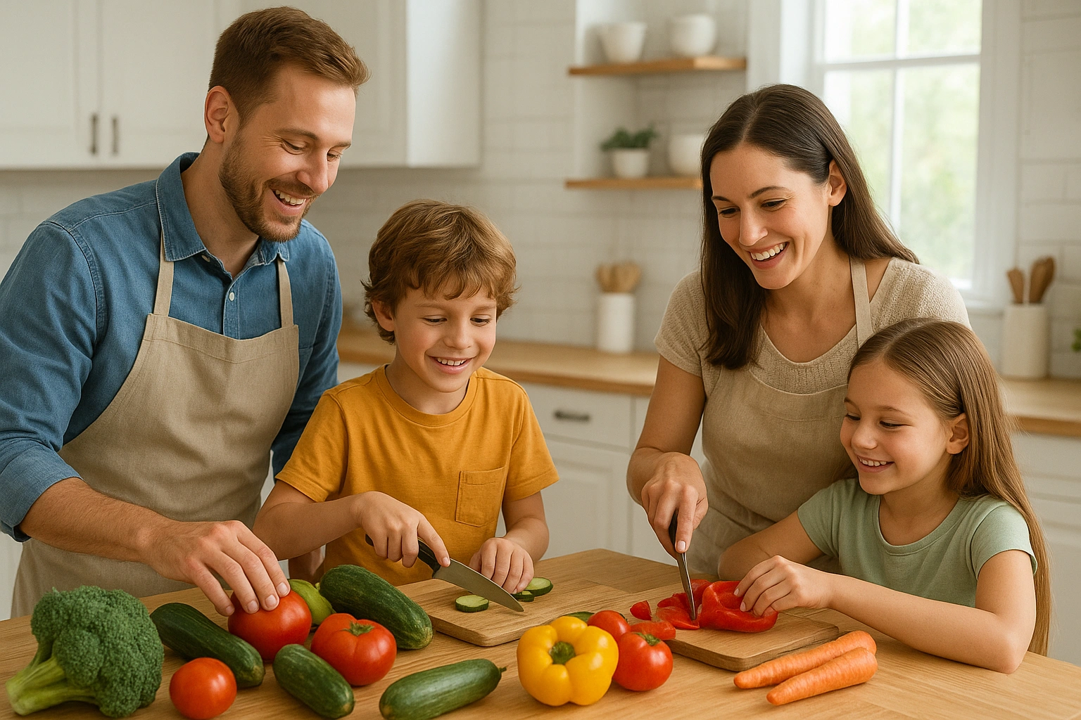 A happy family cooking together in a bright kitchen with fresh, colorful vegetables on the counter, representing affordable sustainable food choices.