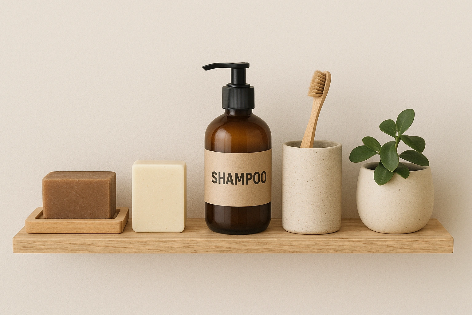 A minimalist bathroom shelf displaying a variety of eco friendly bathroom products, showcasing a clean and sustainable home.
