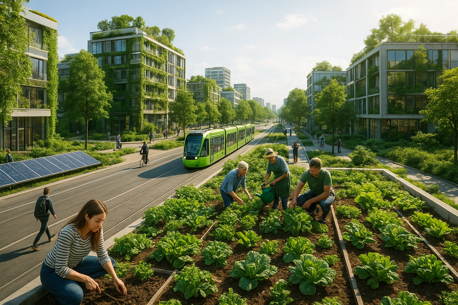 A modern, green city where a community is actively engaged in urban sustainability practices like rooftop farming and using public transport.
