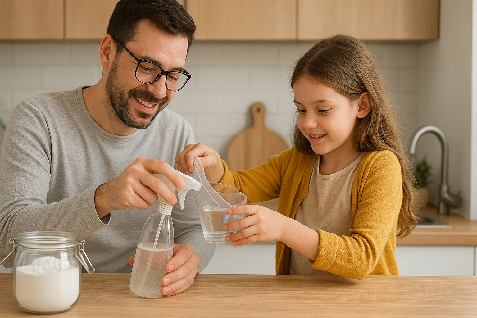 A parent and child mixing ingredients in a spray bottle to make DIY cleaners, demonstrating an affordable waste reduction tip.