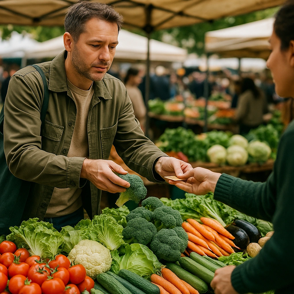 A person buying fresh vegetables from a stall at a local farmers market, an essential practice for an eco diet.