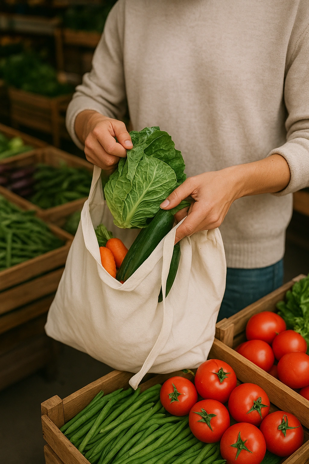 A person filling reusable cloth bags with fresh vegetables at a market, demonstrating a key zero waste plastic reduction hack.