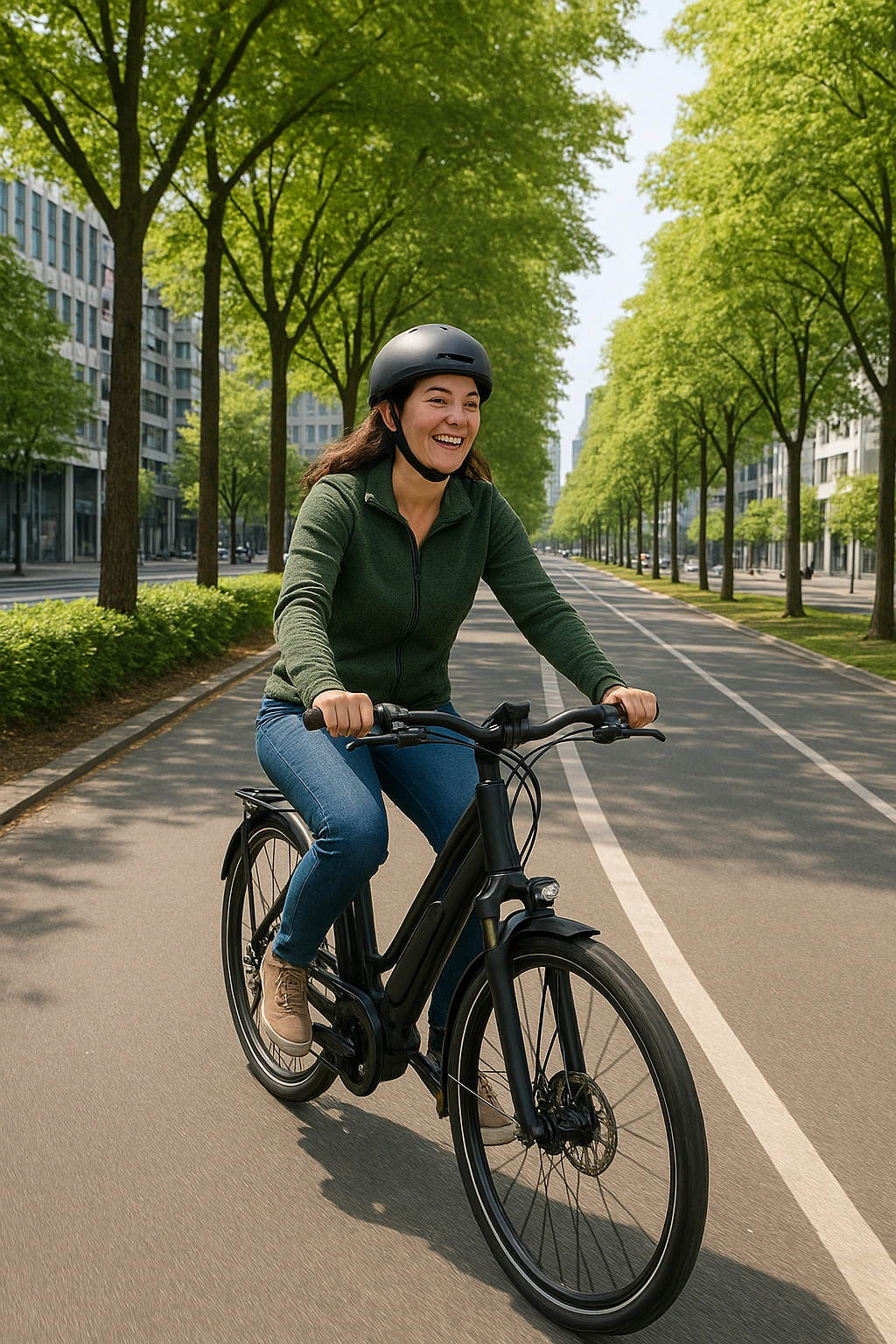 A person happily riding an e-bike down a dedicated, tree-lined bike lane in a modern city, illustrating urban green commuting.