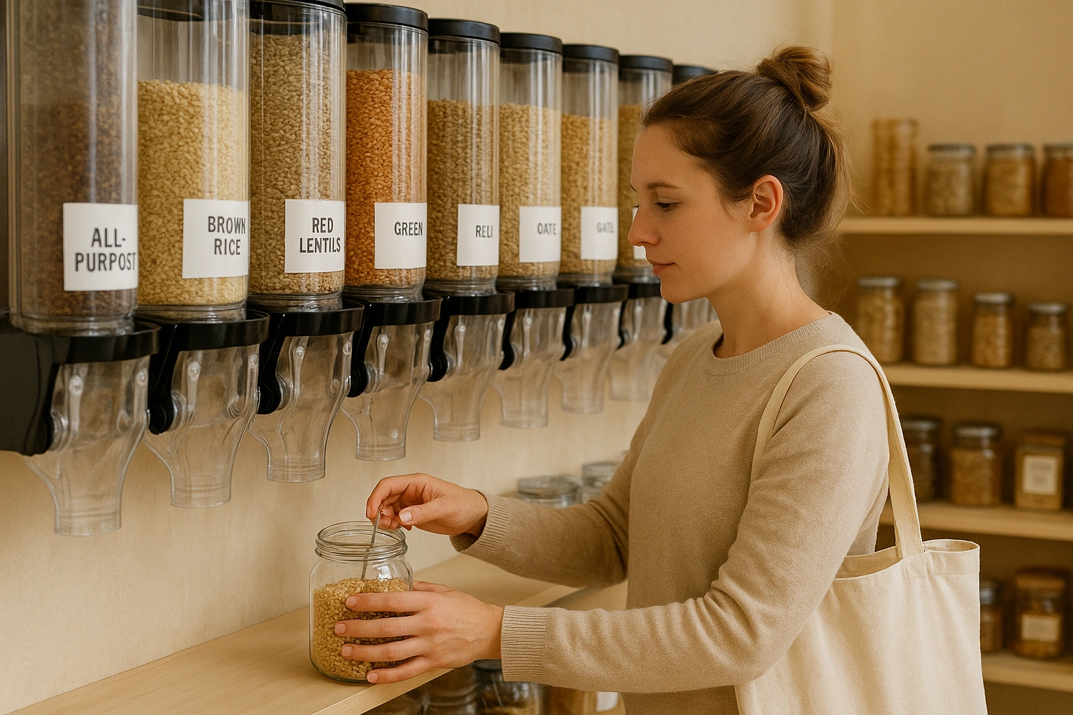 A person shopping at a bulk bin store, a key way a zero waste lifestyle reduces plastic.
