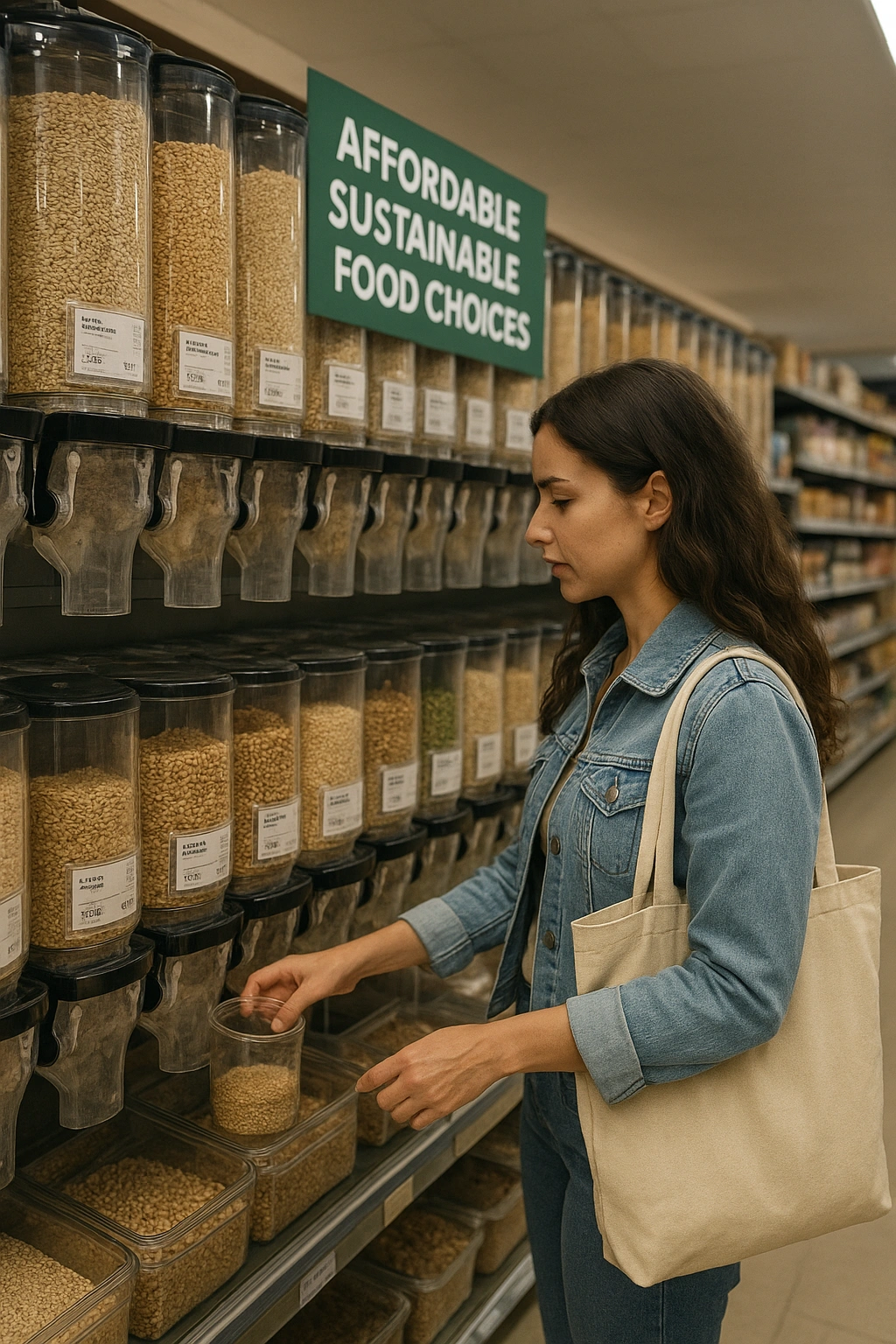 A person shopping for affordable sustainable food choices at the bulk bins in a supermarket.