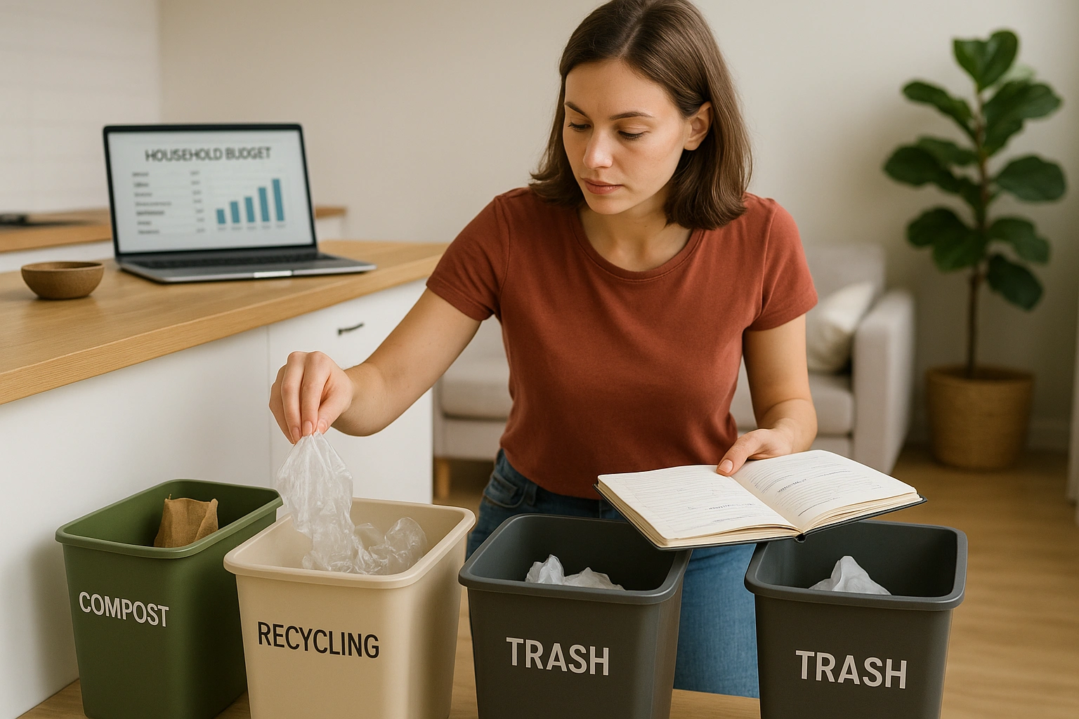 A person sorting trash into recycling while looking at their household budget, illustrating the concept of how waste reduction hacks save money.