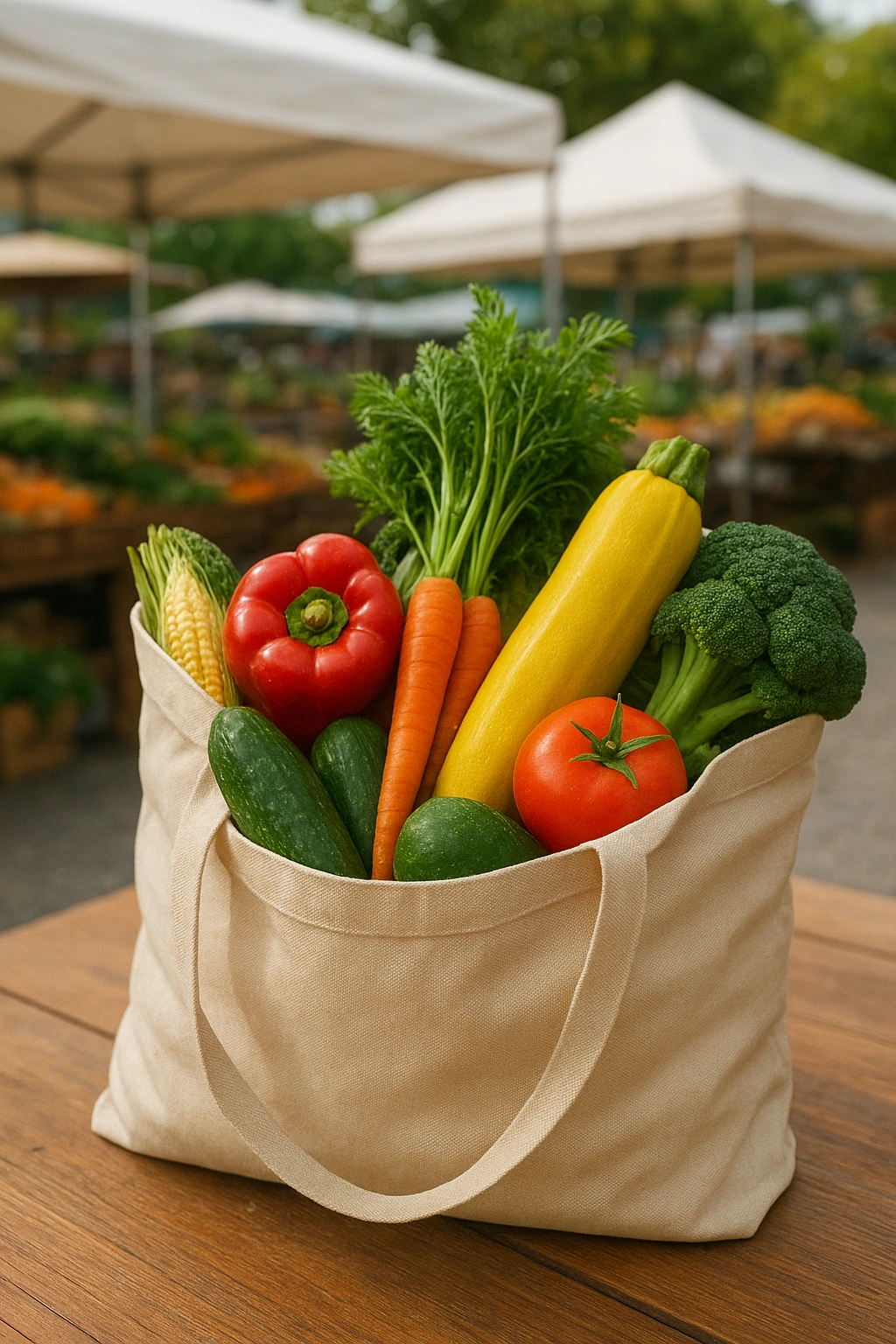 A reusable shopping bag filled with colorful, seasonal vegetables from a local farmers' market, showcasing budget eco diets in practice.