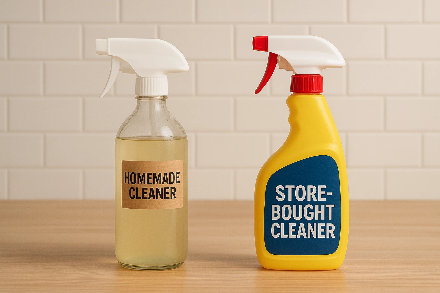 A side-by-side comparison showing a bottle of homemade cleaner next to a store-bought one, highlighting how waste reduction hacks save money.