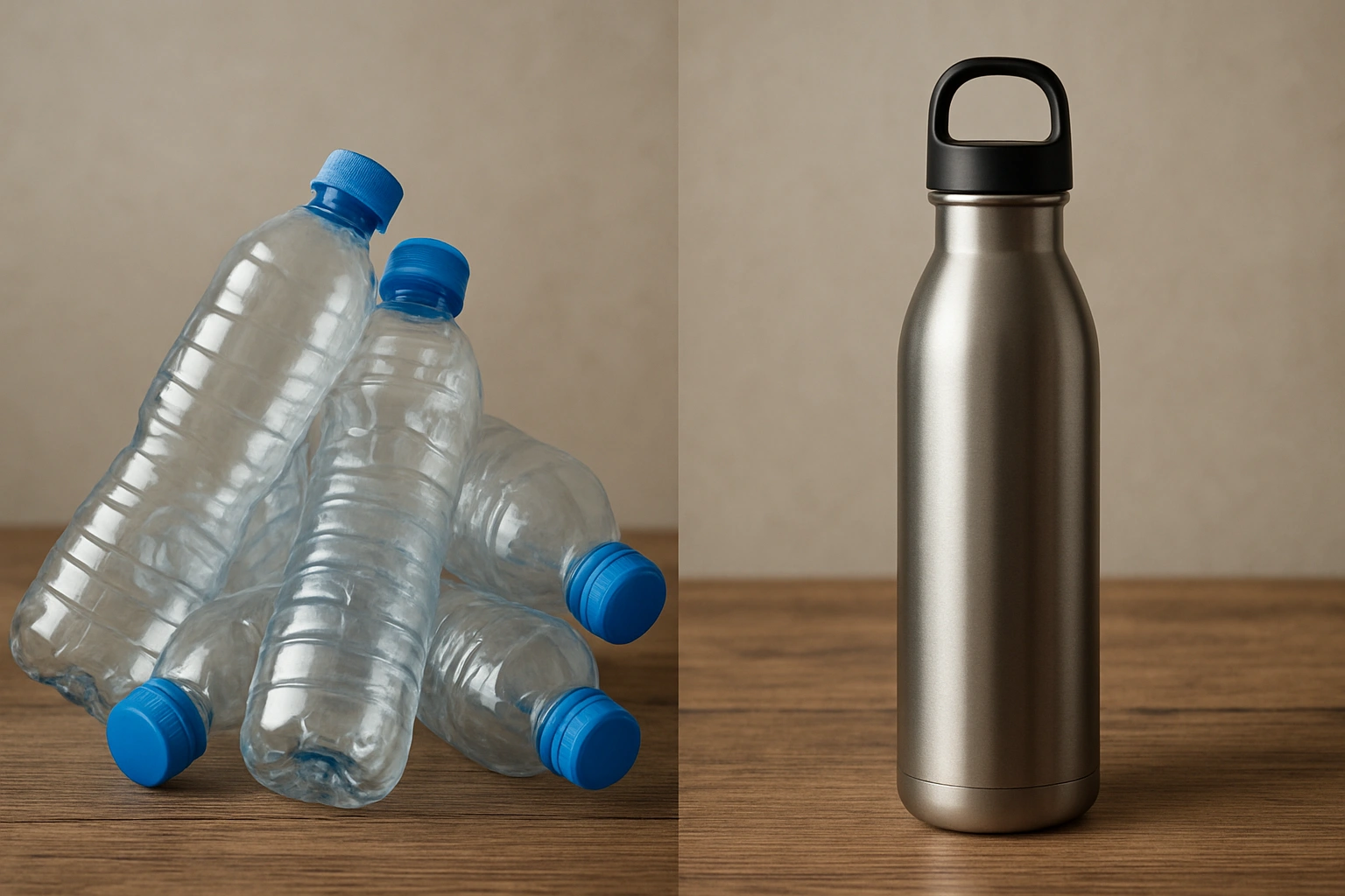 A side-by-side comparison showing a pile of single-use plastic bottles next to a single, durable reusable water bottle, illustrating the impact of reusable eco products.