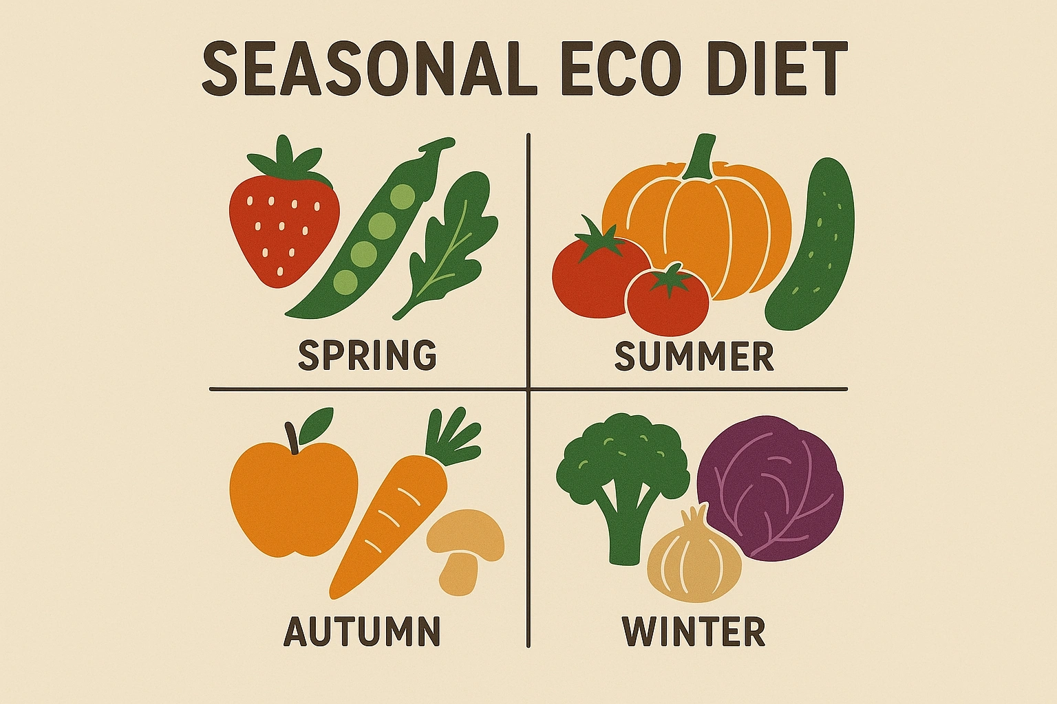 A simple chart illustrating seasonal eco diets with icons of fruits and vegetables for each of the four seasons.