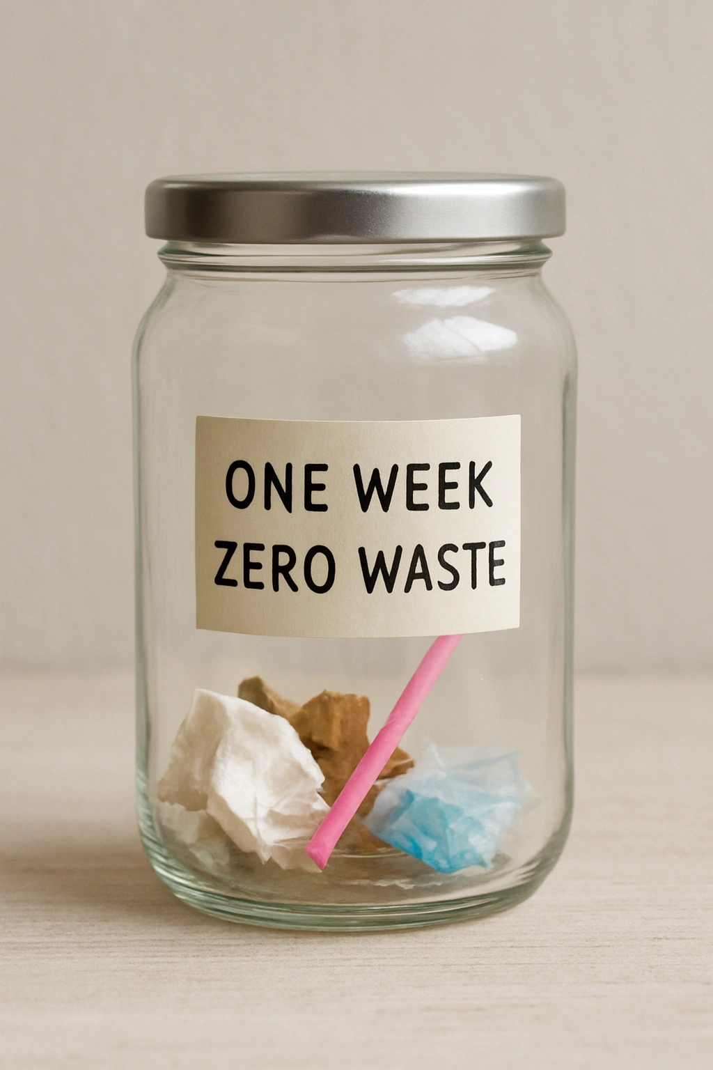 A small jar showing minimal trash collected after one week of starting a zero waste lifestyle.