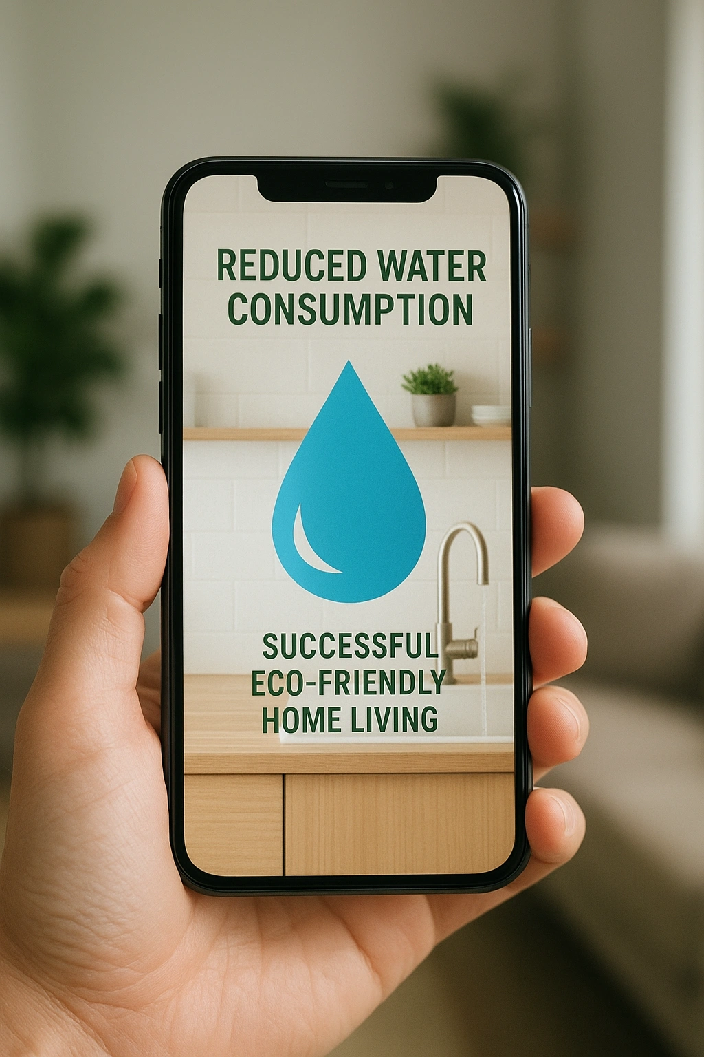 A smartphone displaying reduced water consumption, a successful example of eco friendly home living.