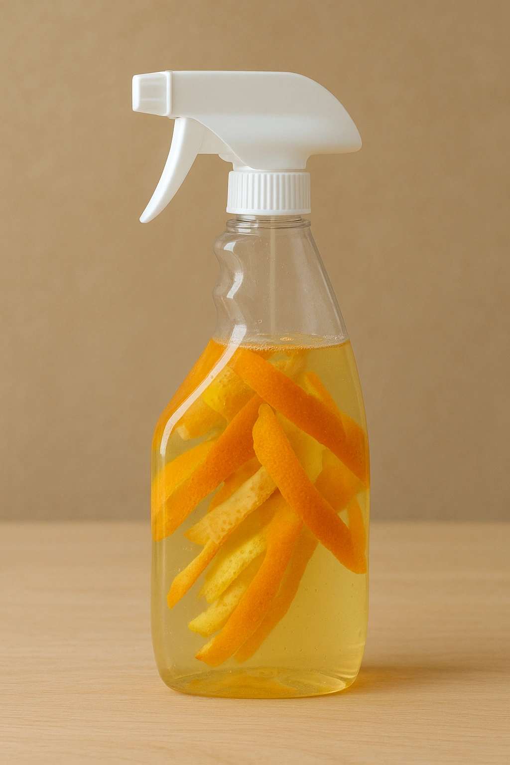 A spray bottle filled with a homemade eco solution of citrus peels and vinegar, a popular DIY waste reduction hack.