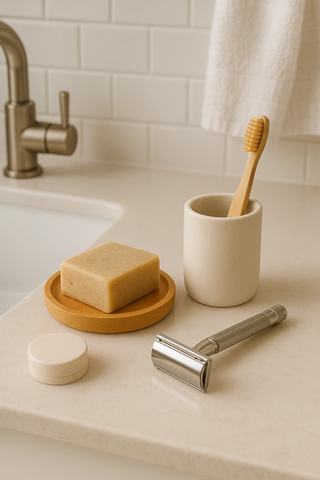 A stylish bathroom countertop featuring eco swaps for city living, including a safety razor, shampoo bar, and bamboo toothbrush.