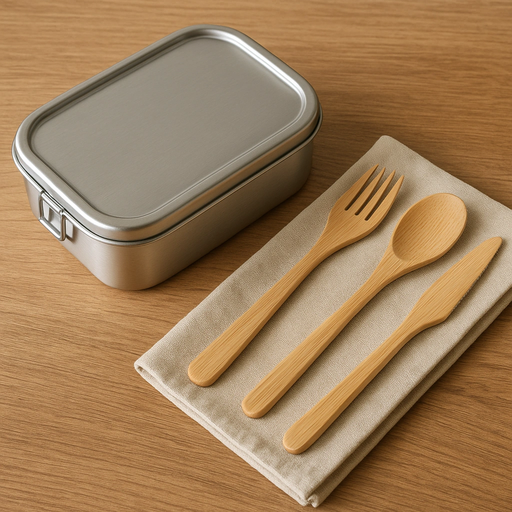 A stylish zero-waste lunch kit containing a stainless steel bento box, bamboo utensils, and a cloth napkin, showcasing effective plastic free swaps.