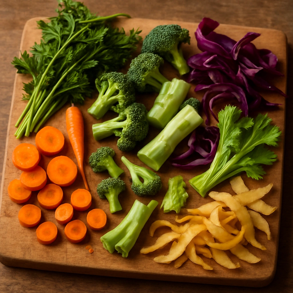 A variety of colorful vegetable scraps like carrot tops and broccoli stalks on a cutting board, ready to be used.