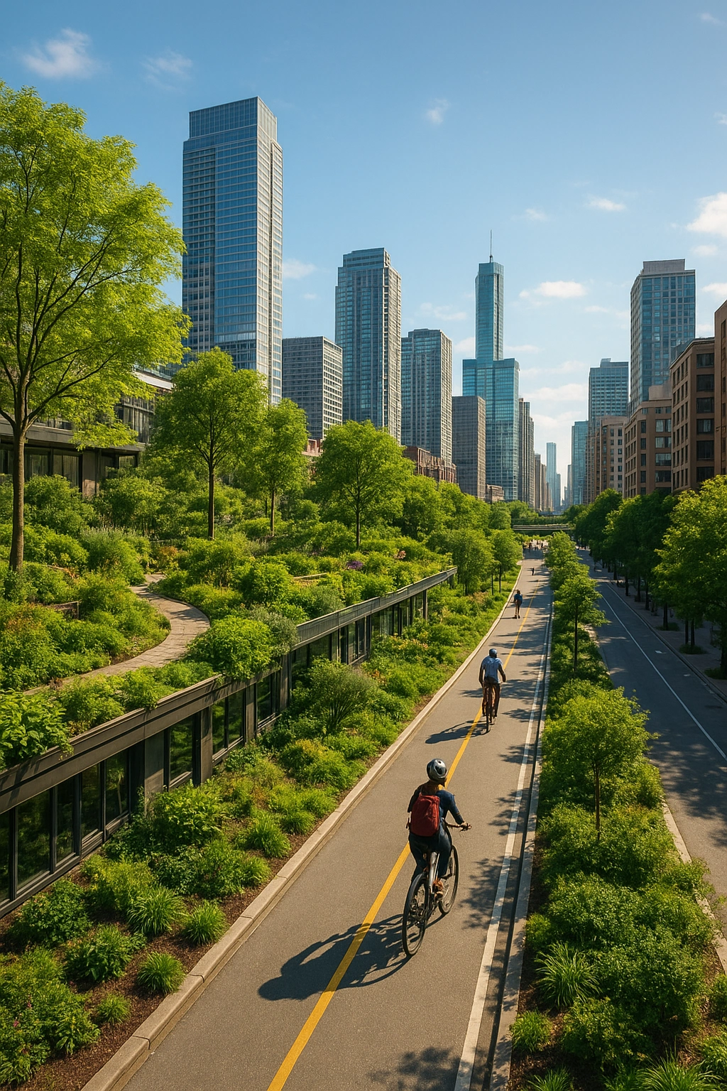 A vibrant cityscape intertwined with green spaces, showing a rooftop garden and cyclists on a dedicated bike lane.