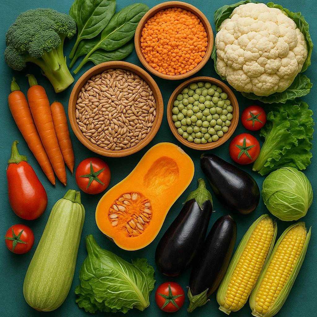 A vibrant flat lay of fresh, seasonal vegetables, whole grains, and legumes, representing the core of sustainable food choices.