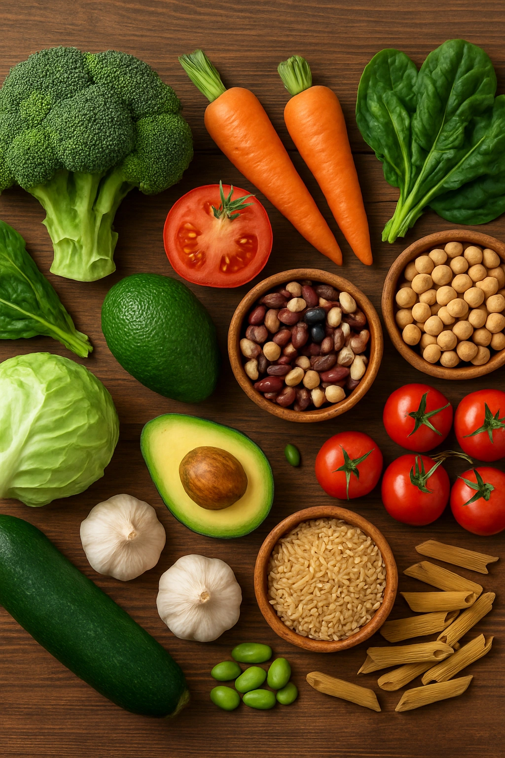 A vibrant flat lay of fresh vegetables, legumes, and grains, representing plant-based sustainable food choices.