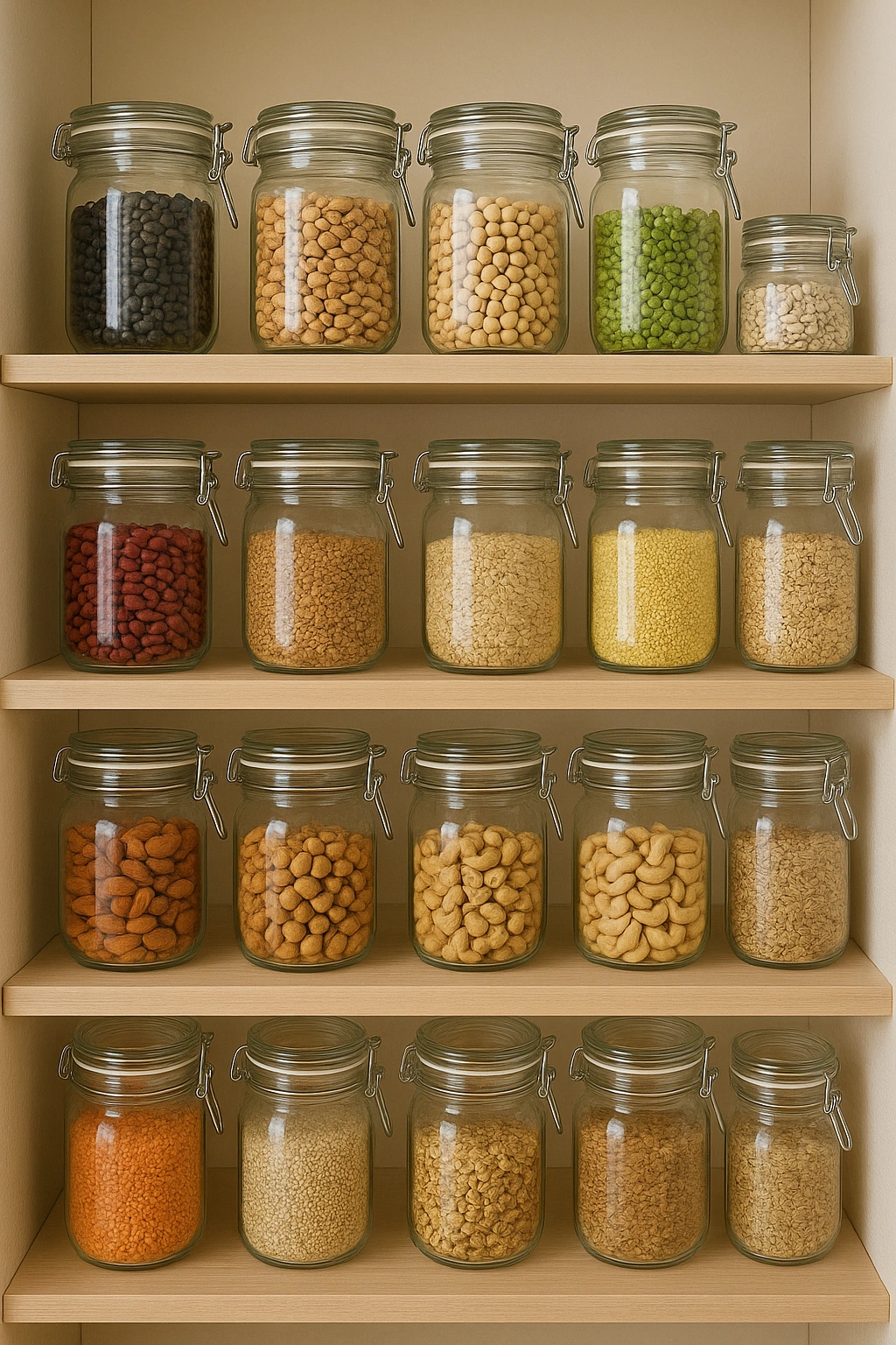 A well-organized pantry with glass jars of legumes, grains, and nuts, showcasing zero-waste plant based sustainable food choices.
