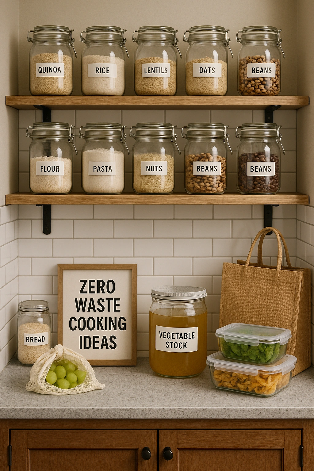 A well-organized urban kitchen pantry showcasing zero waste cooking ideas with labeled glass jars and reusable food storage containers.