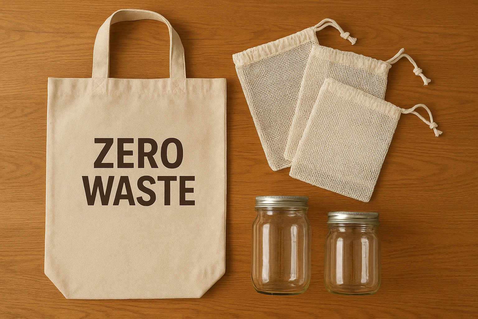 A zero-waste shopping kit with reusable bags, produce bags, and glass jars, a key tool for waste reduction hacks.