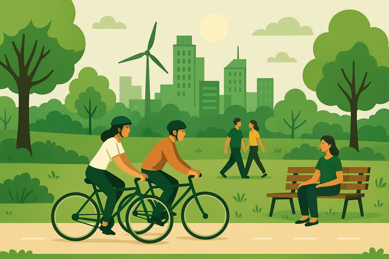 An illustration of a green city lifestyle, one of the key urban sustainability practices, showing people cycling and enjoying parks.
