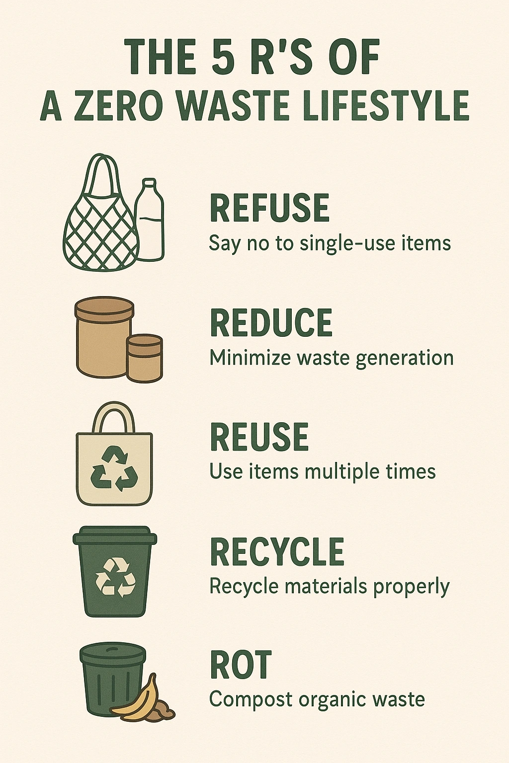 An infographic explaining the 5 R's of a zero waste lifestyle Refuse, Reduce, Reuse, Recycle, Rot.