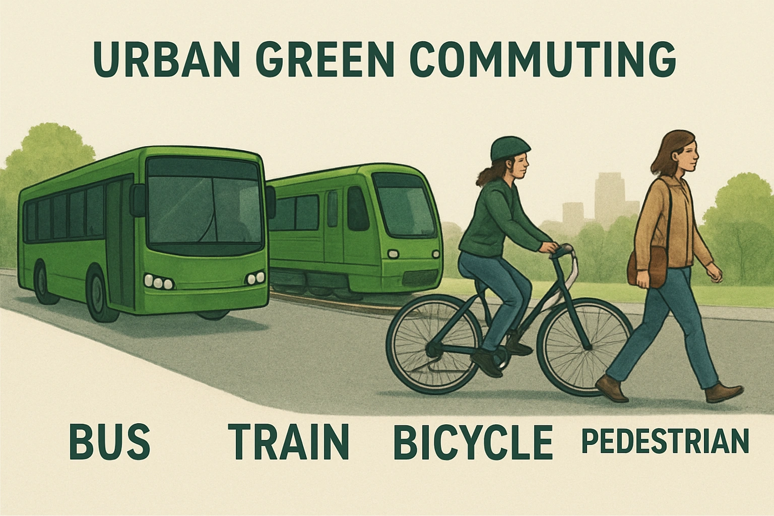 An infographic showing various urban green commuting options, including a bus, a train, a bicycle, and a pedestrian.