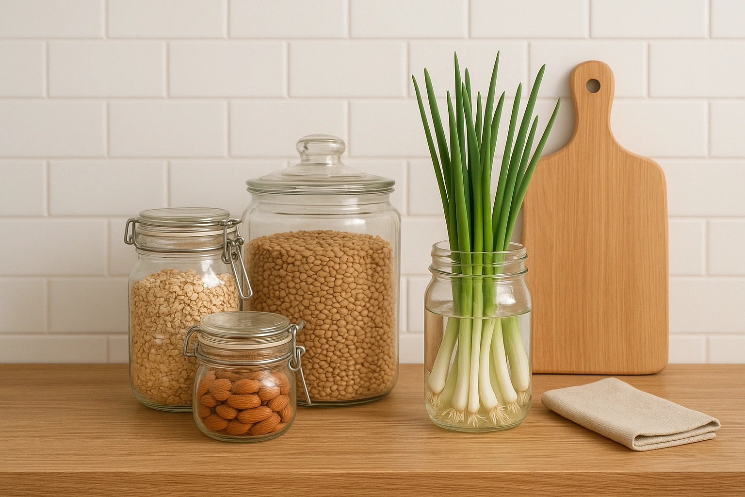 An organized, frugal kitchen showcasing eco friendly budget tips like using glass jars for bulk storage and regrowing green onions.