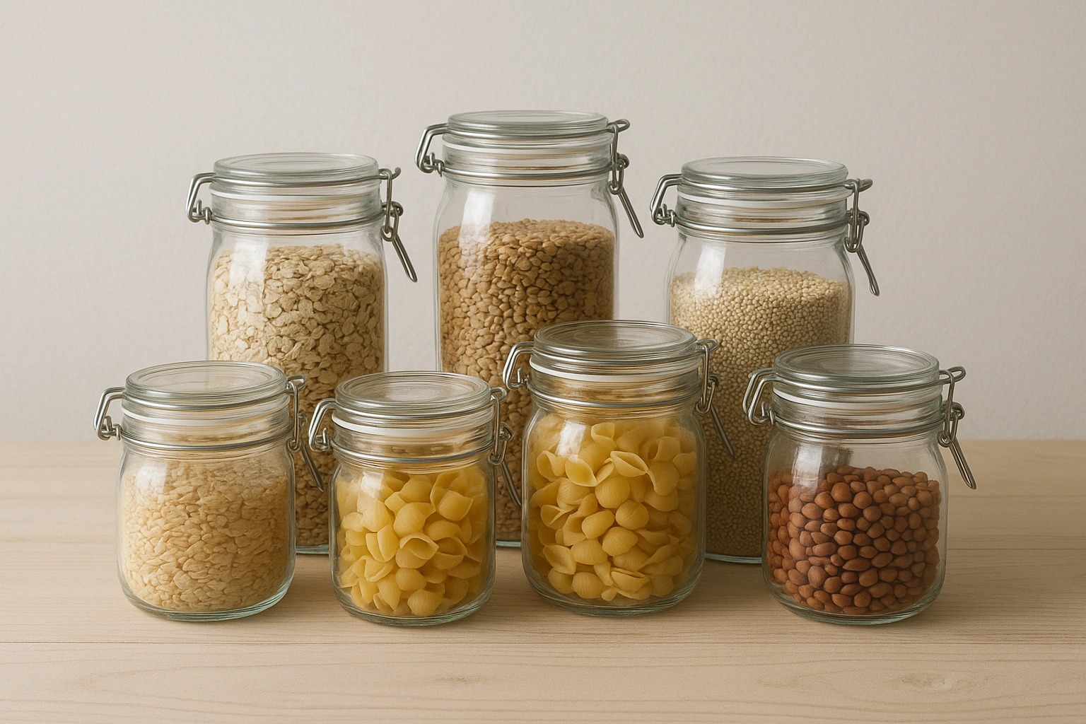 Bulk food items in glass jars, a key part of an affordable zero waste lifestyle.