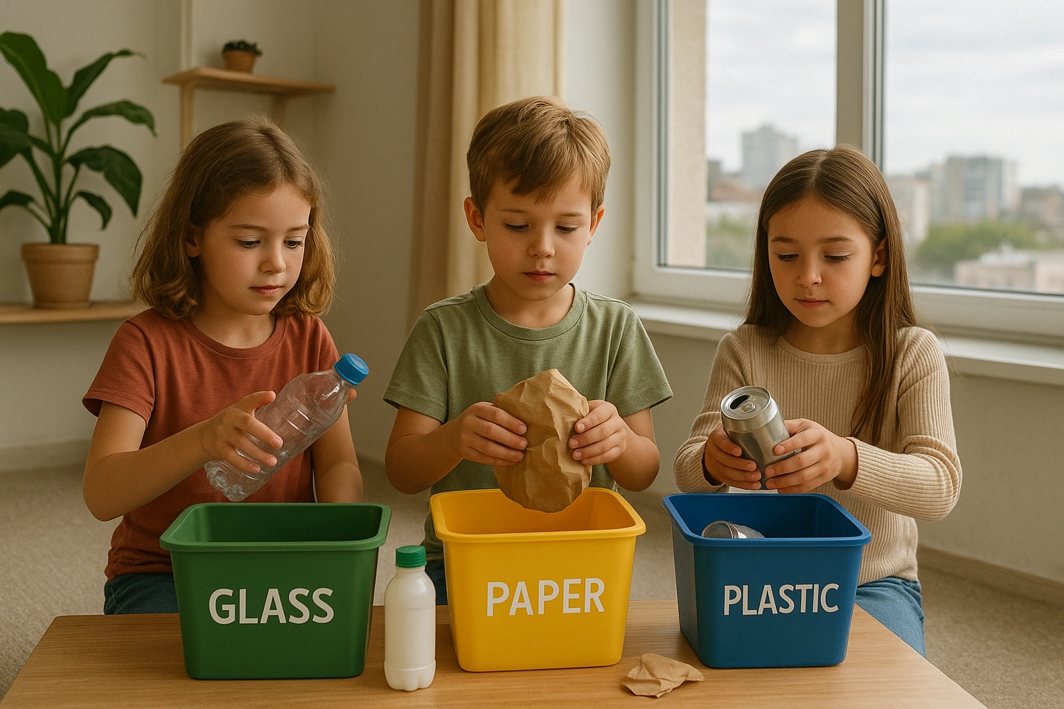 Children learning about sustainable city living by sorting recyclables.
