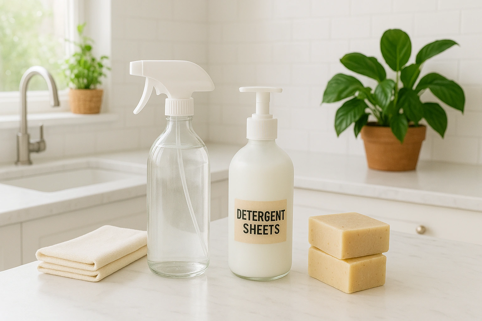 Eco-friendly cleaning products in a bright modern kitchen, featuring reusable spray bottles, detergent sheets, and natural soap blocks for a healthier sustainable home.