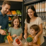 Family shopping for seasonal produce and grains with reusable bags and containers, representing affordable sustainable food choices in a modern grocery store.