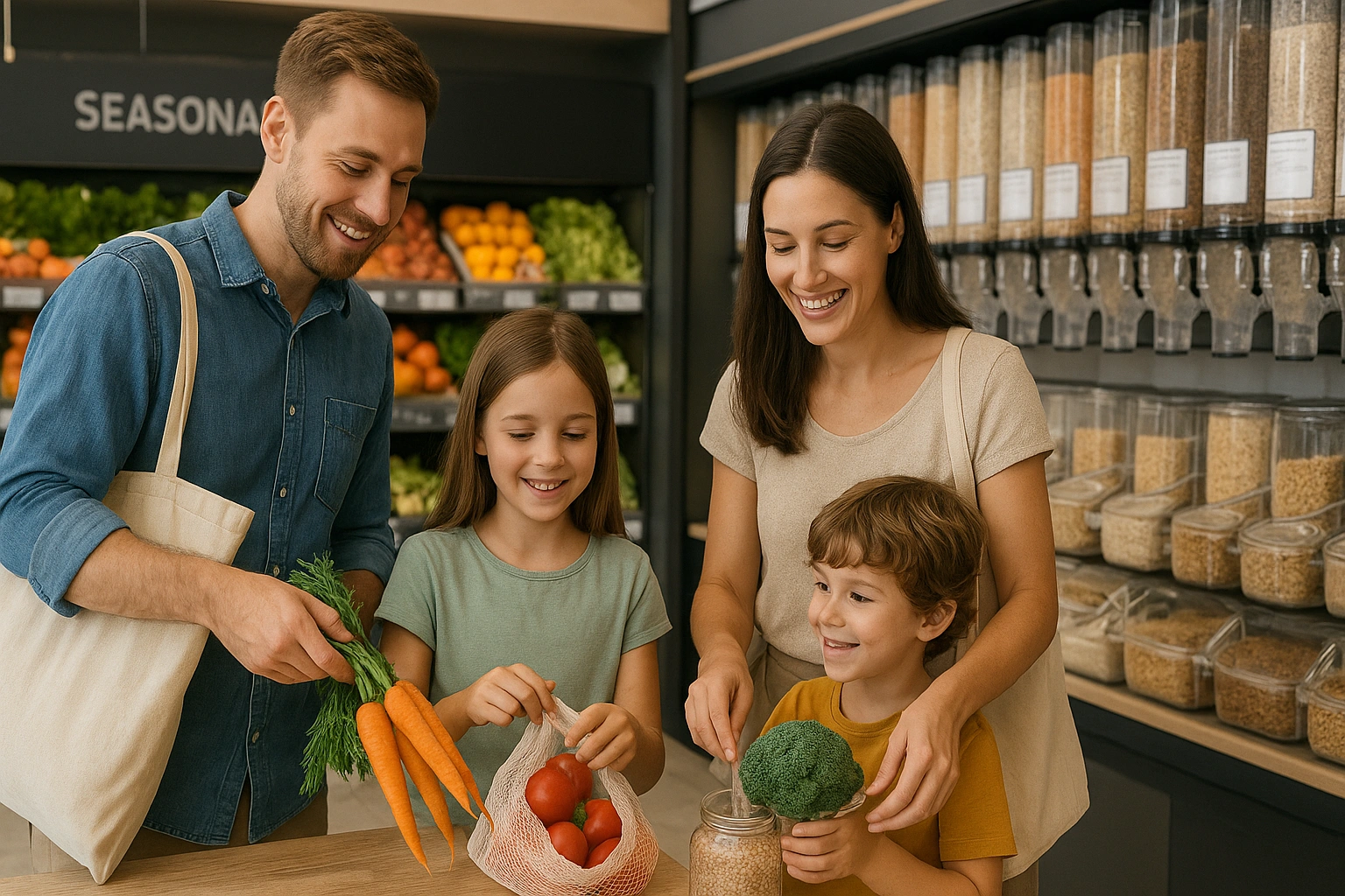 Family shopping for seasonal produce and grains with reusable bags and containers, representing affordable sustainable food choices in a modern grocery store.