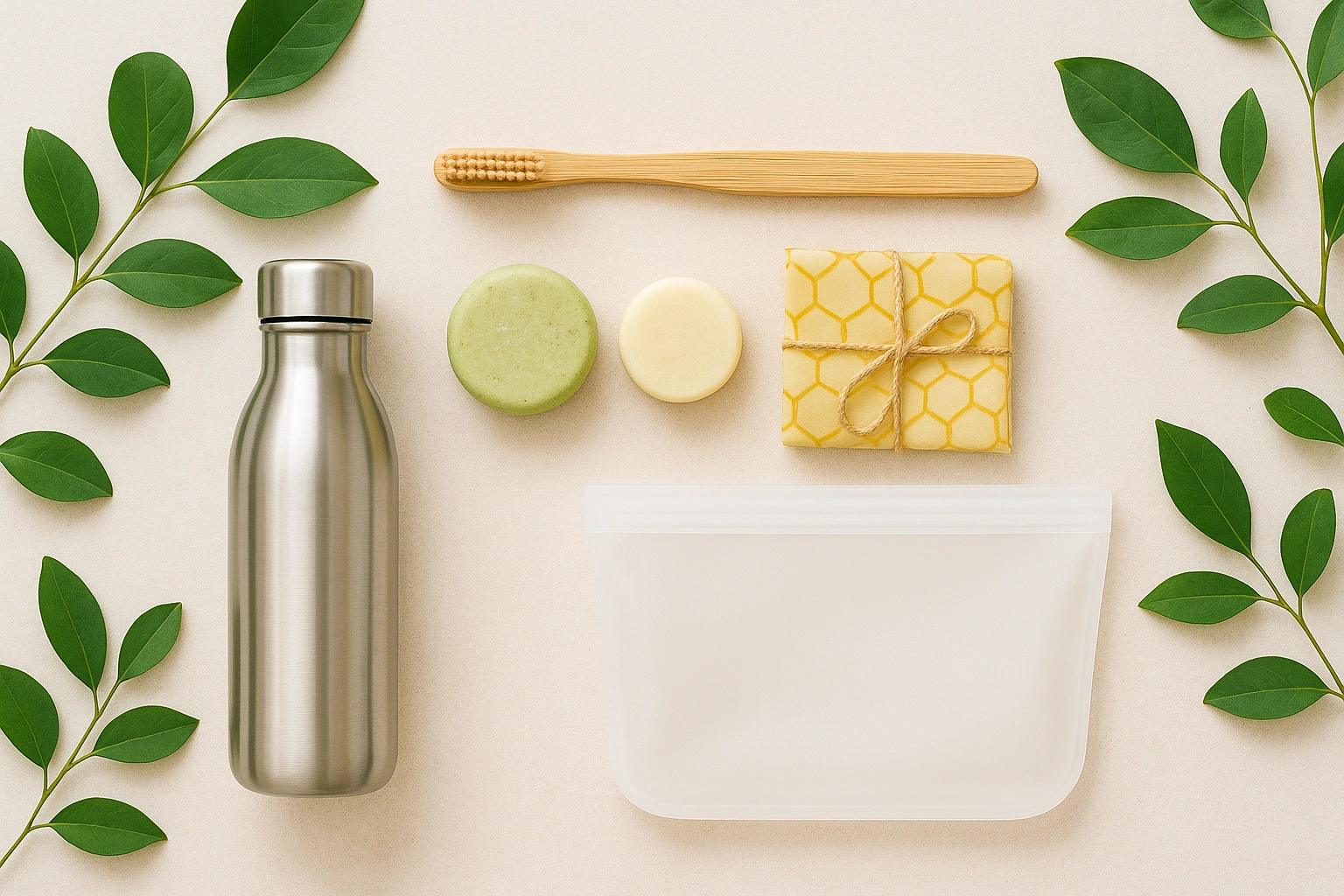 Flat-lay of eco-friendly products including reusable water bottle, bamboo toothbrush, shampoo bars, beeswax wraps, and silicone bags with green plants in background