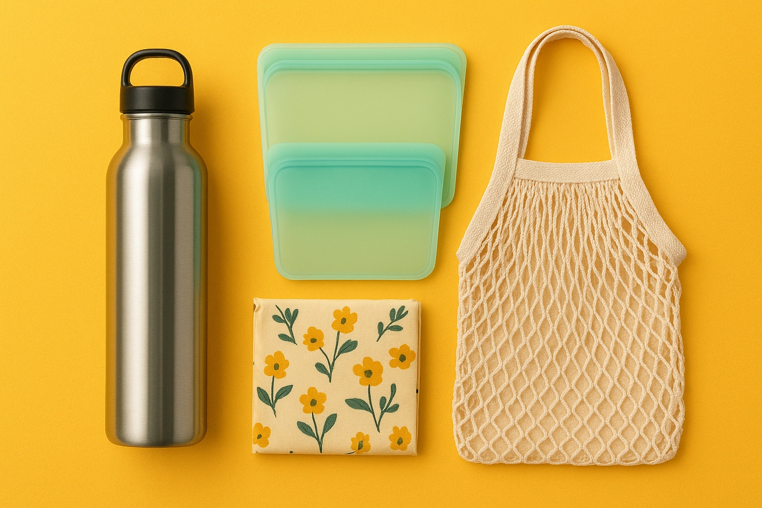 Flat lay of reusable eco products including a stainless steel water bottle, silicone food bags, beeswax wraps, and reusable shopping bags, symbolizing sustainable living and plastic free swaps.