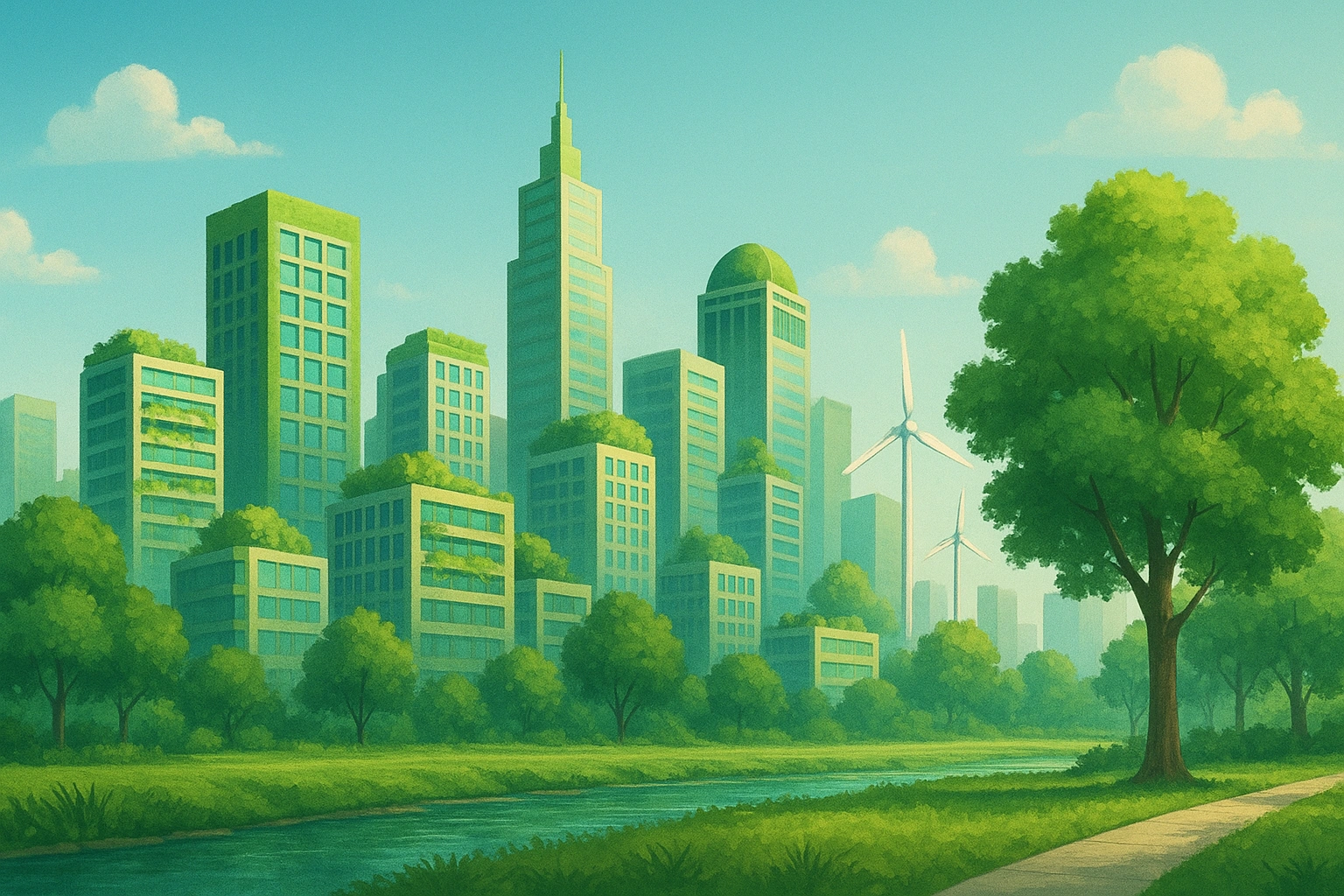 Illustration of a green city skyline, symbolizing urban water saving tips and a sustainable future.