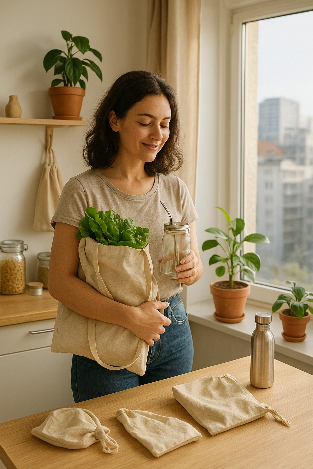 Illustration of a person in a city apartment embracing an affordable zero waste lifestyle with reusable items, plants, and eco-friendly habits in a clean urban setting.