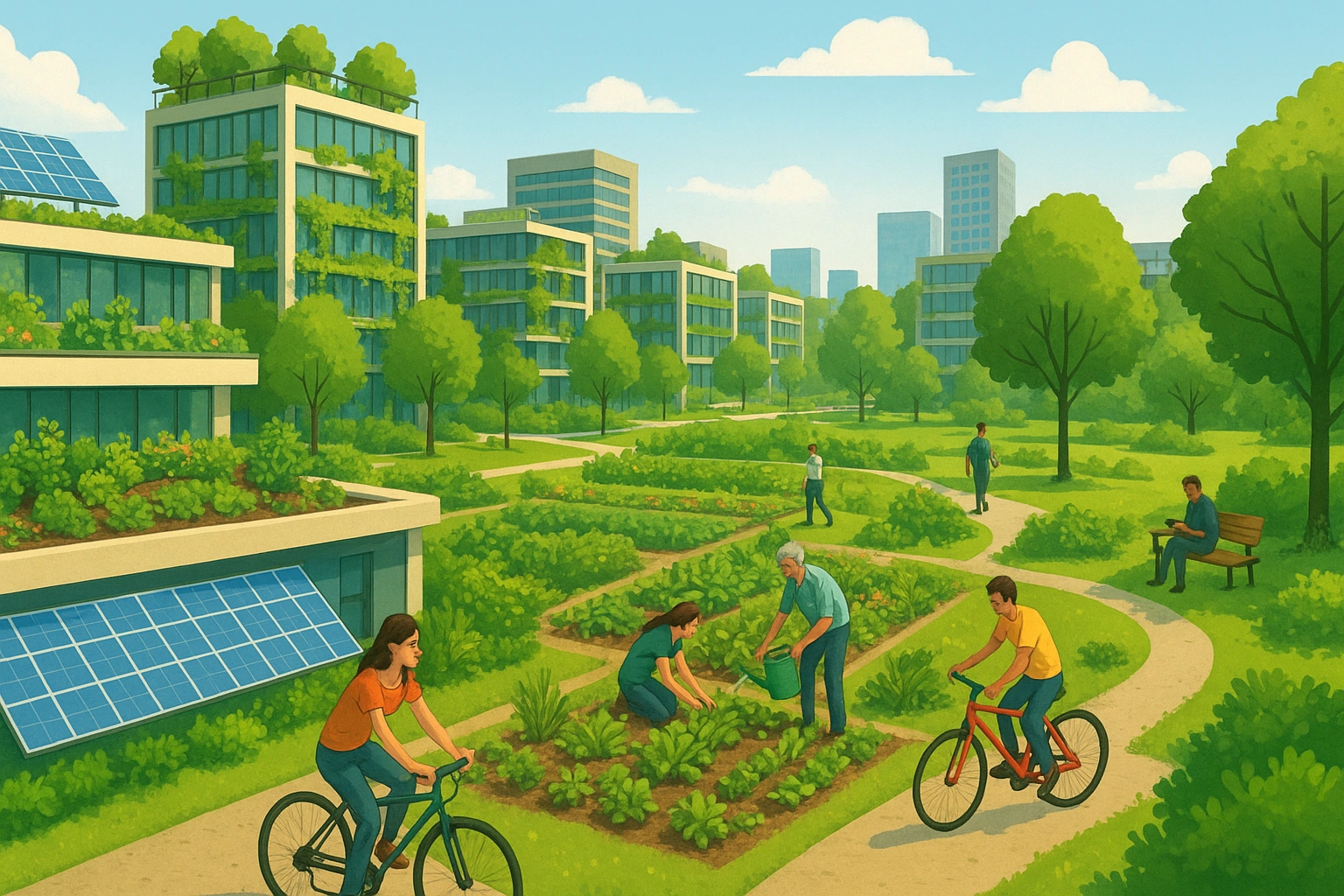 Illustration of a sustainable city with rooftop gardens, cyclists, solar panels, and community green spaces, representing practical urban sustainability practices for city dwellers.