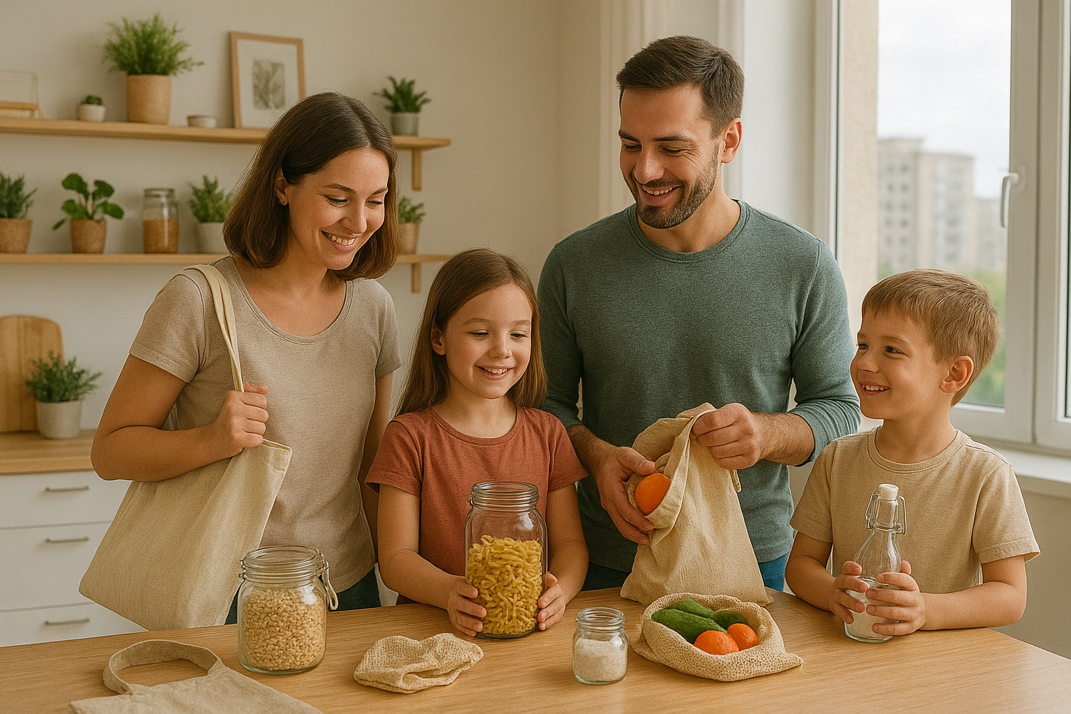 Illustration of an urban family enjoying the zero waste lifestyle benefits at home, with reusable bags, glass jars, and eco-friendly habits in a bright city apartment.