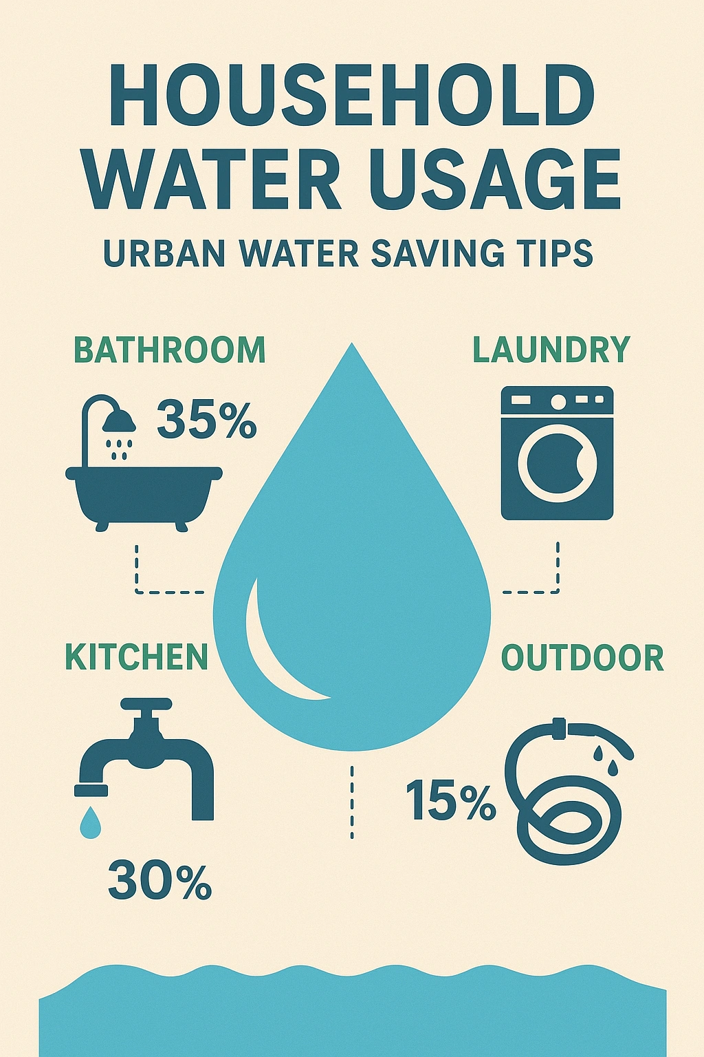 Infographic breakdown of household water usage, highlighting key areas for implementing urban water saving tips.