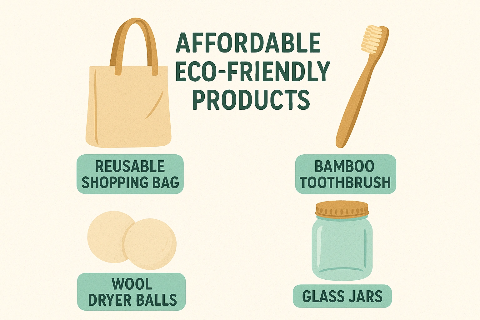 Infographic of affordable eco friendly products like reusable shopping bags, bamboo toothbrush, wool dryer balls, and glass jars, representing sustainable and budget-friendly living.