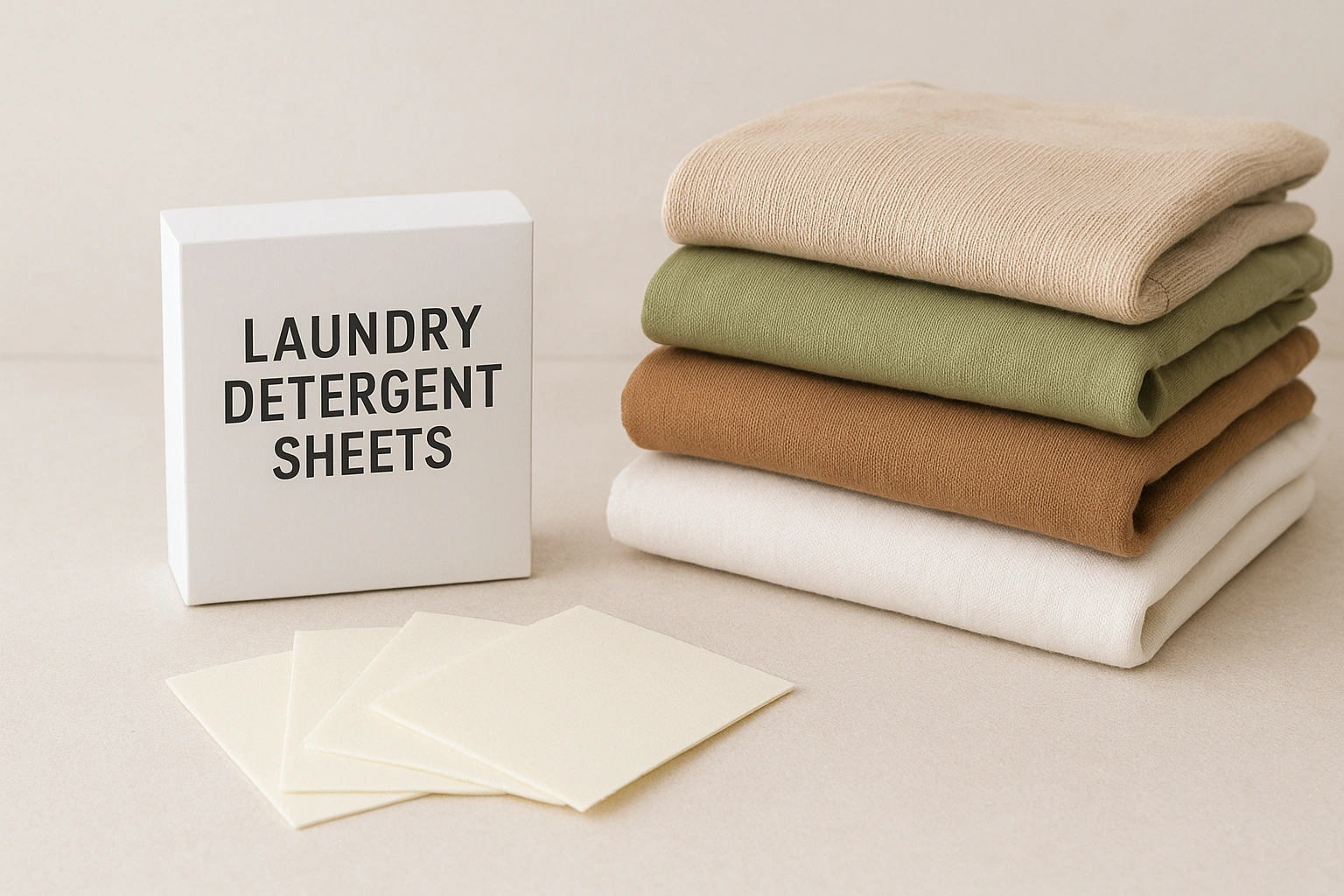 Laundry detergent sheets next to a pile of clean clothes, representing sustainable household items.