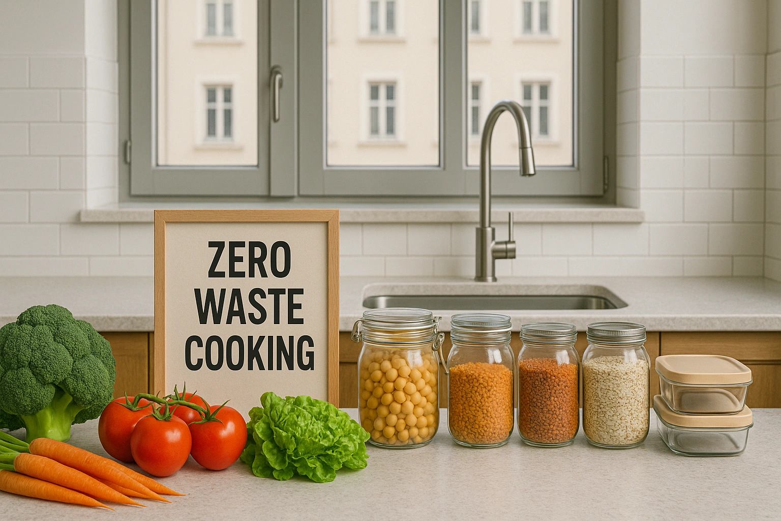Modern urban kitchen with vegetables, preserved jars, and reusable containers symbolizing zero waste cooking in a sustainable lifestyle