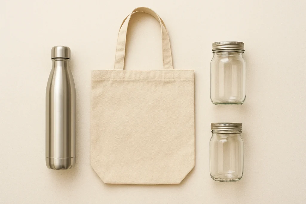 Reusable eco-friendly items such as a stainless steel bottle, canvas tote bag, and glass jars arranged neatly as a zero waste lifestyle reduce plastic waste concept