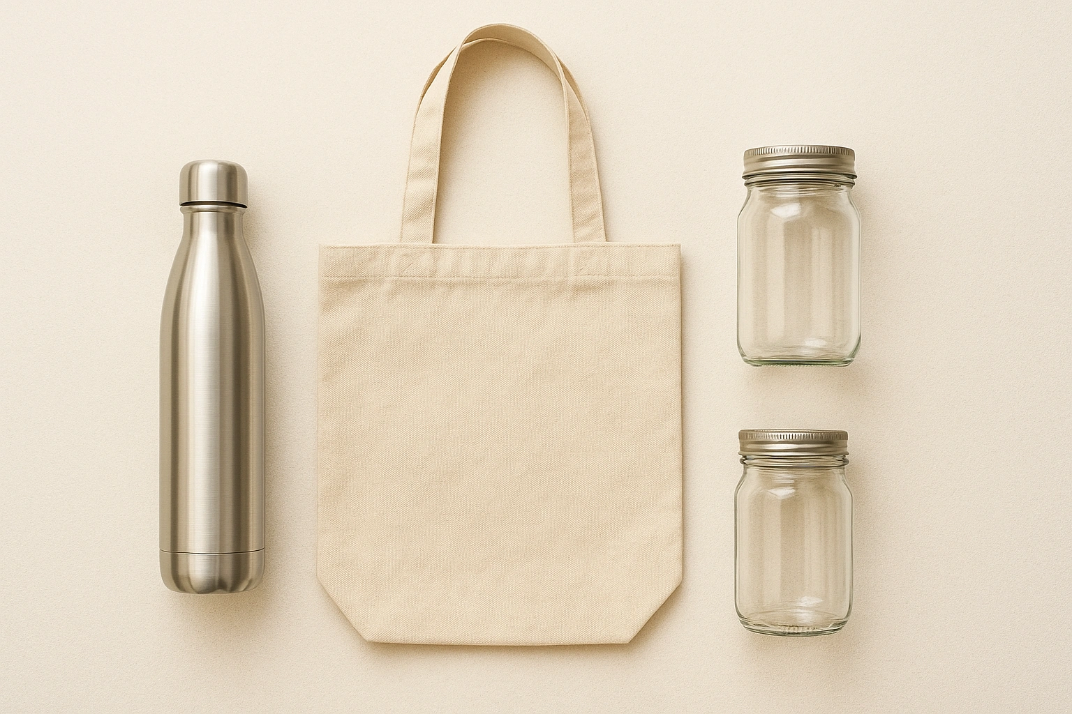 Reusable eco-friendly items such as a stainless steel bottle, canvas tote bag, and glass jars arranged neatly as a zero waste lifestyle reduce plastic waste concept